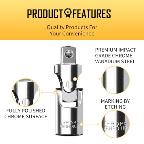 BOEN 3-Piece Universal Joint Socket Adapter Set, 1/2", 3/8", and 1/4" Drive, Ball Spring Design, Chrome Vanadium Steel Swivel Socket Adapter Set, Full Polished