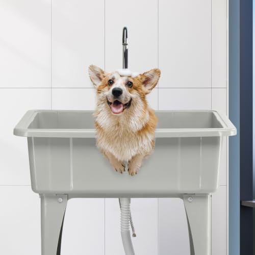 VINGLI Gray Utility Sink with Removable Drainboard, Stainless Steel Faucet & Storage Shelf