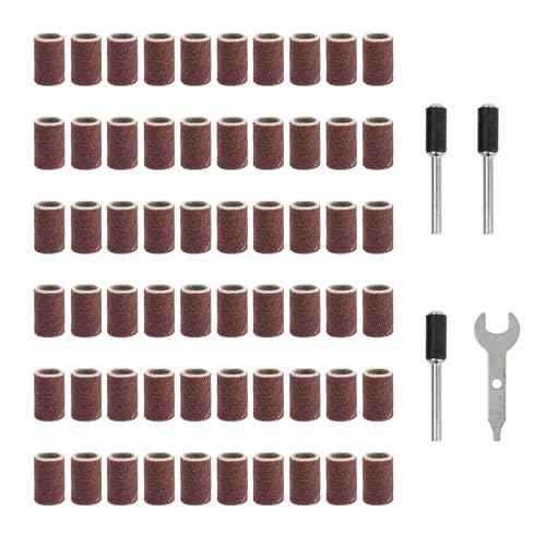 Sanding Accessories Set for Rotary Tools, 60Pcs 120# Grit Small Sanding Sleeves, 3Pcs 1/8" Sanding Drums, and 1 Wrench, Perfect for Woodworking, DIY Crafts