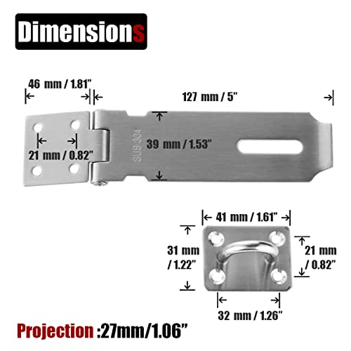 JQK 5 Inch Brushed Stainless Steel Door Hasp Latch Lock - Heavy Duty Security Clasp DL130-BN