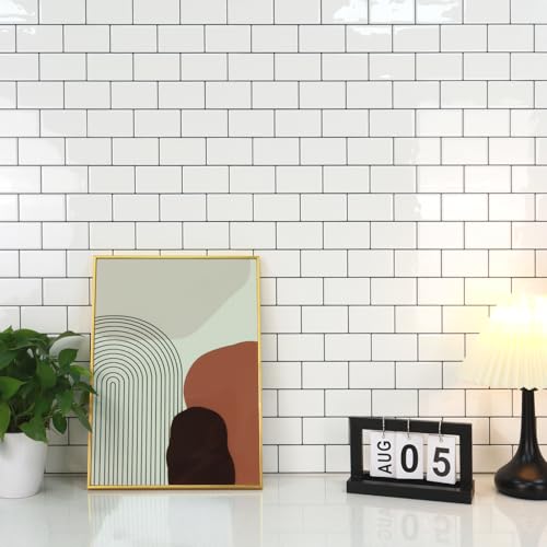 STICKGOO Peel and Stick Subway Tile Backsplash 12x12 Inches, Thicker Design, 10 Sheets, Warm White with Grey Grout, Self-Adhesive Wall Tiles