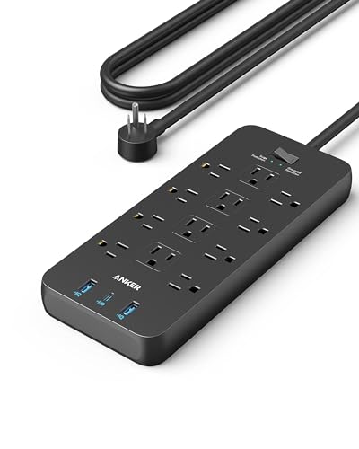 Anker Power Strip with 12 Outlets, 2100J Surge Protector, 20W USB-C, Black, 5 FT Cord