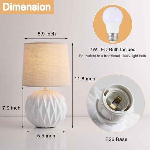 Somniferous Ceramic Bedroom Table Lamps Set of 2, Small Bedside Lamp, White Lamp with Linen Shade, Mid Century Modern Nightstand Lamp for Bedroom Living Room Office, 7W LED Bulb Included