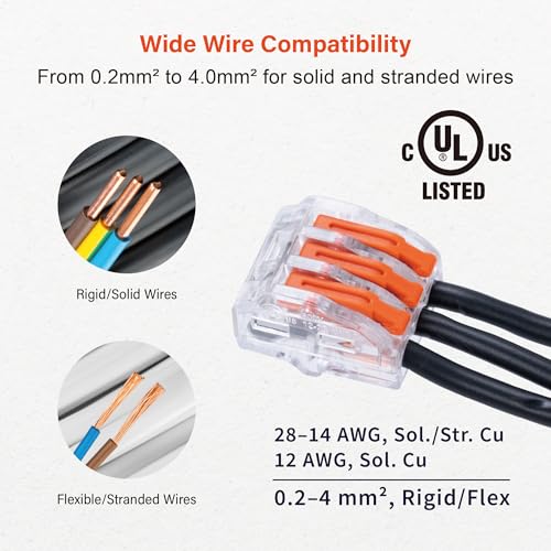 Lever Wire Connectors 50PCS 3-Port 28-12 AWG Reusable Electrical Nuts