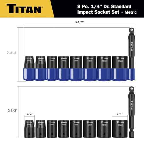 Titan 46201 9-Piece 1/4-Inch Drive Metric Shallow Impact Socket Set, 6-Point, Metric Sizes 6 to 14mm