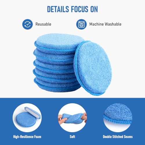 Blue Microfiber Car Wax Applicator Pads – 5-inch Buffing & Polishing Foam Pads, 6 Pack