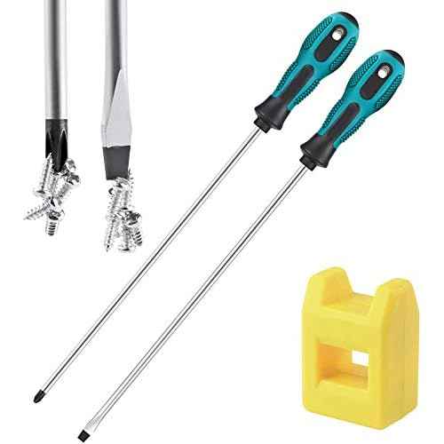 2-Piece 12'' long Slotted and Phillips Screwdrive Screwdriver Set, Long Blade Screwdriver Set PH1 12-Inch Magnetic Screwdriver, 2 Packs Magnetic Screwdriver with Rubber Handle(5mmx300mm)