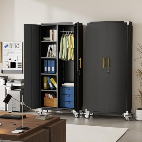 Pozdeg 71" Rolling Lockable Metal Broom Closet Cabinet, Black Gray, 15.7"D x 31.5"W x 71"H