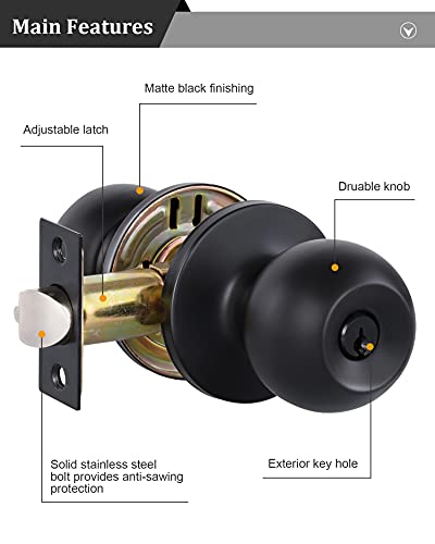 1 Pack Matte Black Door Knobs with Lock & Keys for Interior/Exterior Use - Easy Install