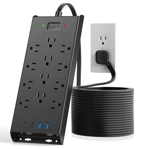 LeZone 16-in-1 Surge Protector Power Strip 4800J, 10Ft Flat Extension Cord, 12 Outlets, 2 USB-C, 2 USB Ports, Wall Mountable, Black, 10FT/12AC+4USB