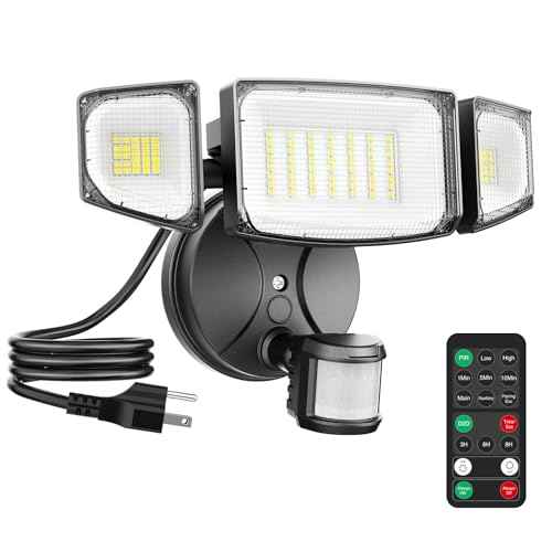 iMaihom 65W 6500LM Motion Sensor Outdoor Light, Plug In LED Security Lights 3 Heads Motion Detection Outdoor Light, Dusk to Dawn, IP65 Waterproof Flood Light with Remote Control for Yard Garage(Black)