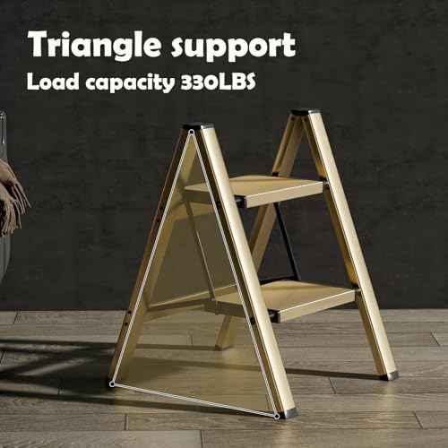 HillhutApex 2 Step Stool, Aluminum Foldable Step Ladder, Lightweight Stable Stool with Wide Non-Slip Pedals, 330lbs Bearing Capacity Ladder for Office,Home,Kitchen - Gold