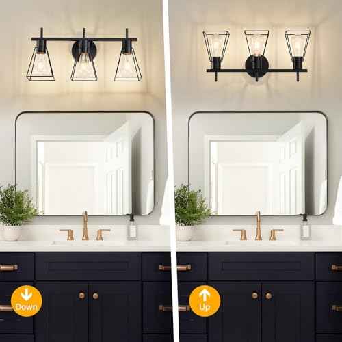 Farmhouse Bathroom Vanity Light Fixtures Over Mirror, Matte Black 3-Light Wall Sconce with Metal Cage, E26 Socket (Bulbs Not Included)