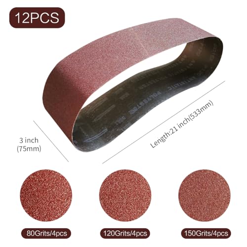 TPmax 3x21 Inch Sanding Belt Pack 12 Pcs for Wood Metal and Glass, 80-150 Grits
