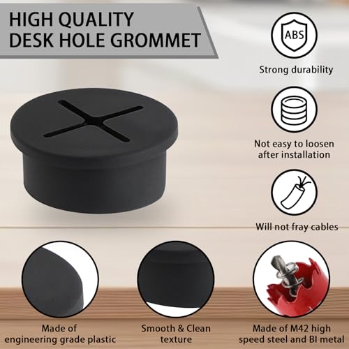 KITANIS 1 Inch Black Cross Desk Grommet 13 Pieces with Hole Saw - Cable Management