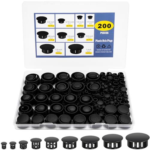 Black Plastic Hole Plugs Assorted Sizes 200 Pcs Nylon Caps for Round Holes