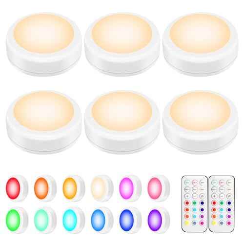 BLS LED Puck Lights with Remote Control, Wireless Under Cabinet & Closet Lighting, RGB 13 Color Changing Lights with Dimmer, Timer & AA Battery Operated, Push, Touch, Stick on for Night, Wall, 6 Pack