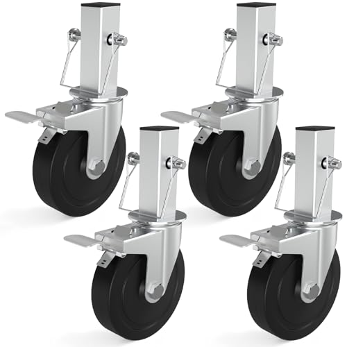OK5STAR 5 Inch Steel Scaffold Wheels Set of 4 with Dual Locking Brakes and Square 1-1/4" Stem
