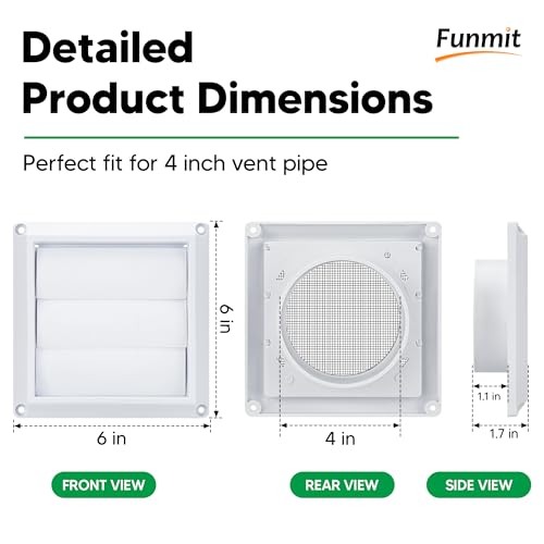 Funmit 4 Inch Outdoor Louvered Dryer Vent Cover with Screen, White