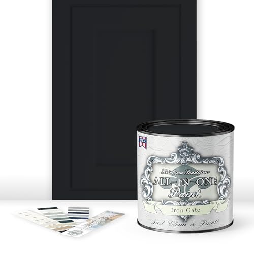ALL-IN-ONE Paint, Durable cabinet and furniture paint. Built in primer and top coat, no sanding needed. Includes our 30 featured color card - Iron Gate (black), Quart