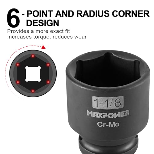 MAXPOWER 1/2 Inch Drive 1-1/8 Inch Standard Impact Socket, Made with Heat-Treated Chrome Molybdenum Steel, 6-Point Design, SAE