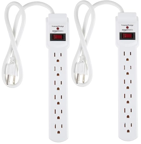Amazon Basics 6-Outlet Surge Protector Power Strip 200J, 2-Pack, White