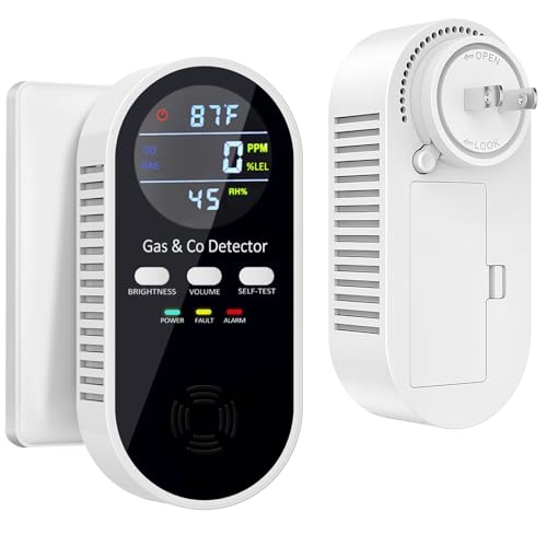 5-in-1 Upgraded Gas & Carbon Monoxide Detectors Plug in, Combination Natural Gas Detector and Co Detector with Temperature & Humidity and Sound, Brightness Control, Built-in 9V Battery (Not Included)