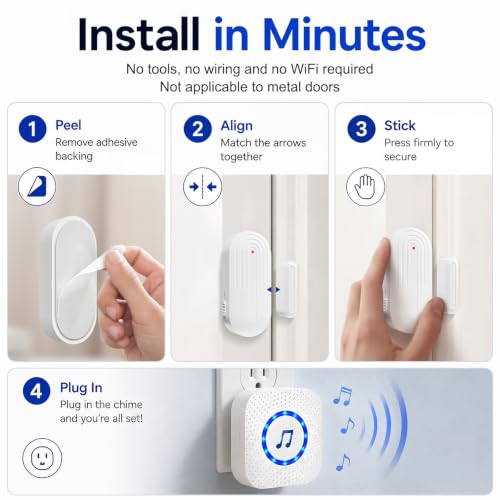 Sanjie Wireless Door Chime Kit with 4 Sensors & 1 Receiver, 800ft Range, 55 Ringtones, Adjustable Volume