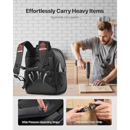 VEVOR Tool Backpack, 49 Pockets, Heavy-duty Tools Storage Organizer Work Bags Backpack with Laptop Compartment & Reinforced Fabric Base, Electrician Jobsite Backpack for Electrician, Repairman