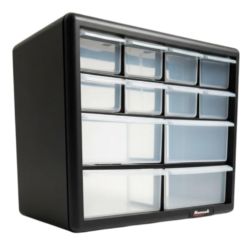 Homak 12-Drawer Parts Organizer, Black – Wall-Mountable Plastic Storage