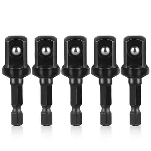 1/2 Impact Socket Adapter Set, 5PCS Black Drill Sockets Adapter 1/4 to 1/2 Drive Adapters Kit for Impact Driver Automotive DIY Extension Socket Bits Handle Nut Driver and Drills(1/2 Square Tip)