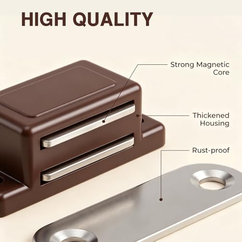 QEDT Brown Magnetic Cabinet Door Latch Pack of 12 - Strong & Durable