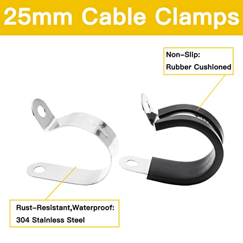 12pcs 1 inch (25mm) Cable Clamps, Stainless Steel Wire Clamps, Rubber Cushioned Insulated Clamp Metal Conduit Clamp for Pipes, Tubes, Hose, Wiring, Cables