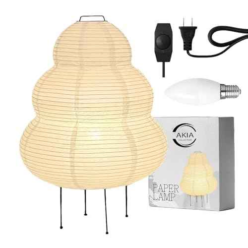Noguchi Akari Rice Paper Lantern Lamp - Dimmable Japanese Table Lamp with Washi Paper Shade, Bulb Included - Japandi Bedside, Desk Light