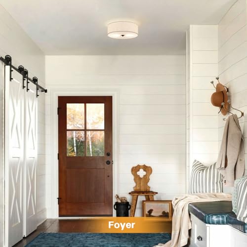 CALOKES Beige Fabric Drum Flush Mount Ceiling Light, 13-inch Modern Round Fixture for Bedroom & Kitchen