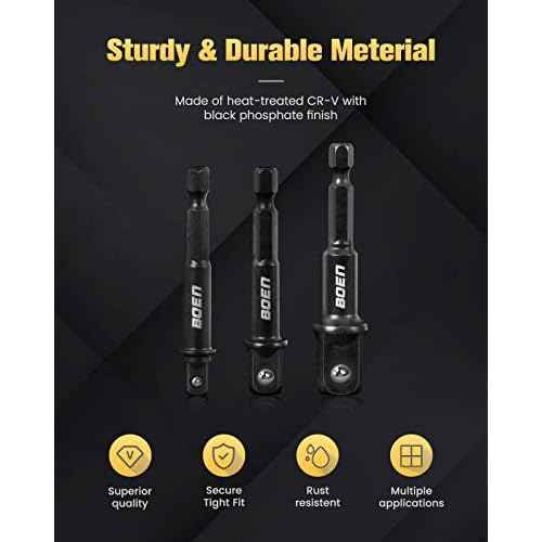 BOEN Impact Grade Socket Adapter Set, 3-PCS Drill Bit Adapter with Bit Holder, Sizes 1/4", 3/8", 1/2", 1/4-Inch SAE Hex Shank, Cr-V with Black Phosphate Finish