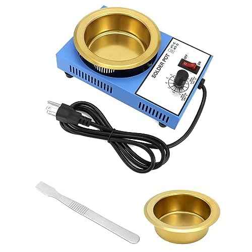 QWORK Solder Pot, 300W 110V, 100mm Soldering Bath Titanium Plate, Capacity 1500g 200-450¡Æc,Include Extra 100mm pot& Solder Paste Scraper for Welding and Soldering Bath