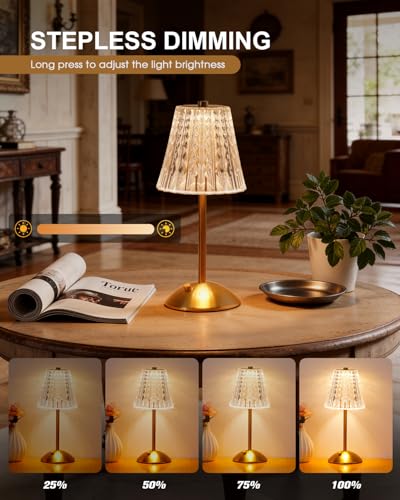 Gold Cordless Touch Table Lamp - Rechargeable Crystal Desk Light, Modern Accent Lighting