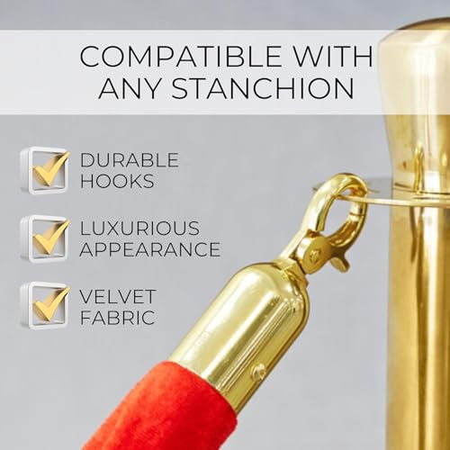 4PCS 42mm Thick Red Velvet Ropes for Crowd Control ? 5FT Premium Stanchion Rope with Hooks Velvet Ropes and Posts for Red Carpet Stanchions Events Weddings Parties