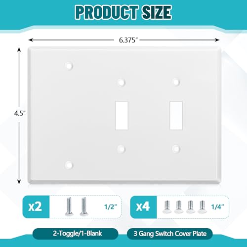 Kingdder Stainless Steel 3-Gang Wall Plate with 1 Blank and 2 Toggle Switch Openings - Model 1-Blank/2-Toggle