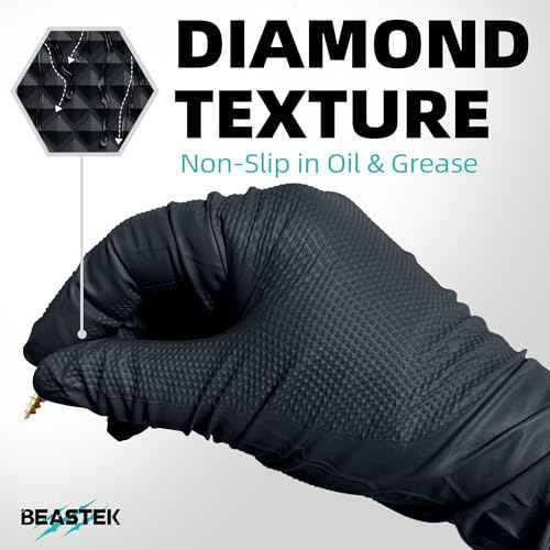 Beastek Nitrile Disposable Gloves, 8Mil Latex & Powder Free Chemical Resistant Heavy Duty Food Safe Diamond Glove Black 50Pcs