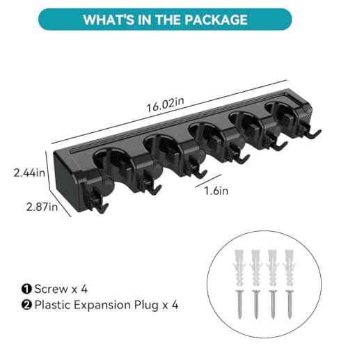 Broom Holder Wall Mount, 2 Packs Heavy Duty Cleaning Supplies Organizer, Garden Tool & Utility Closet with Hook, Mop & Broom Hook Wall Mounted for Bathroom, Garage, Kitchen, Laundry (Black-2pcs)