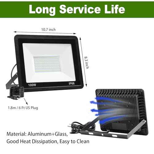 4 Pack 100W LED Flood Light Outdoor,10000LM Bright Work Spotlight Plug in,6000K Daylight White,IP66 Waterproof Exterior Security Floodlights for Yard,Garden,Backyard,Patio,Stadium,Parking Lot