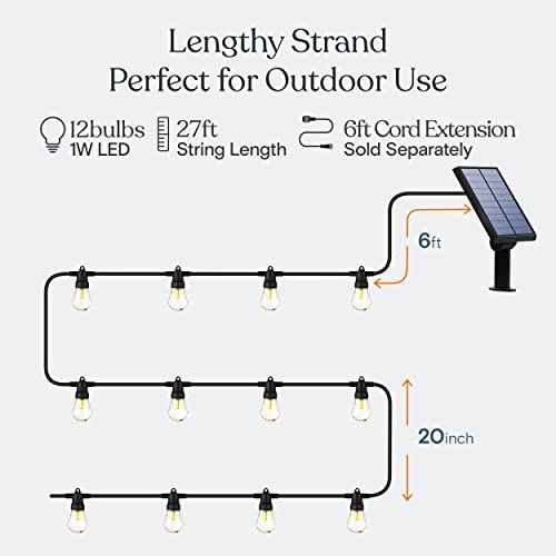 Brightech Ambience Pro Solar Powered Outdoor String Lights -27 ft Commercial Grade Waterproof Edison Patio Lights, Shatterproof LED String Lights for Outside, Porch - 12 Bulbs, 1W Soft White