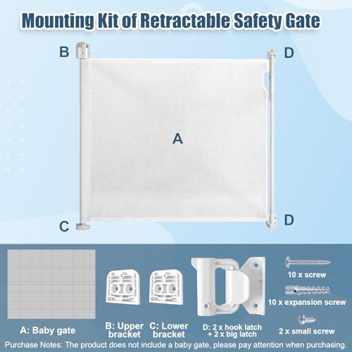 Baby Gate Replacement Parts Kit with Hardware, Wall Mounting Kit, Accessories - Brackets, Hooks, Latches, Screws for Mesh and Retractable Gates