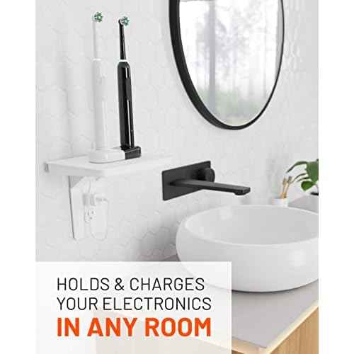 ECHOGEAR Wide Outlet Shelf - Next-Gen Design with Built-in Cord Storage & Room for Bulky Plugs - Works with Both Standard & Decora Outlets - Quick Install with Included Hardware