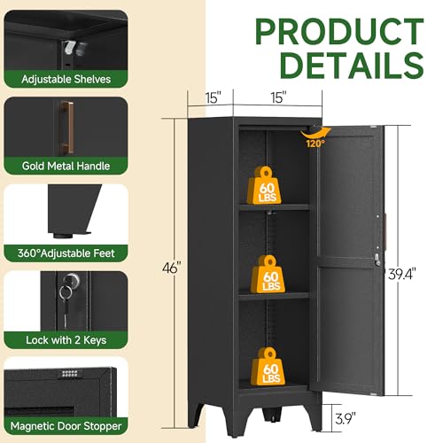 Korolado 46-Inch Black Metal Locker Cabinet with Lockable Door & Adjustable Shelves