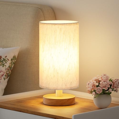 Fenmzee 9-Inch Cream Shade Wood Base Table Lamp with Inline Control and 3000K Bulb