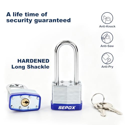 SEPOX Heavy Duty Outdoor Padlock 2PCS Keyed-Alike, 1-9/16 Inch Extra Long Shackle