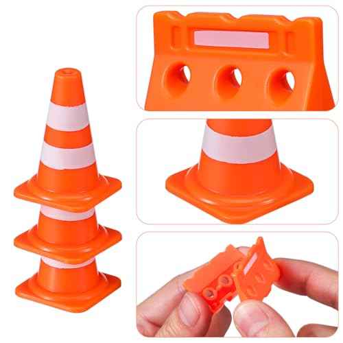 48Pcs Mini Plastic Traffic Cones, Miniature Fence Barricade Signs, Construction Road Cone Toy Set, Barricade Toy Model Mini Stop Signs for Construction Theme Party Favors